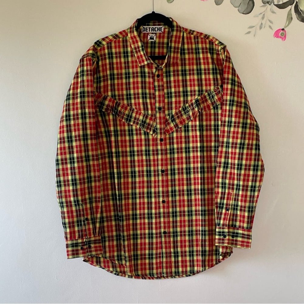 Detache Labs Yellow Plaid Button Down Shirt, Western Style Detail, Men's XL